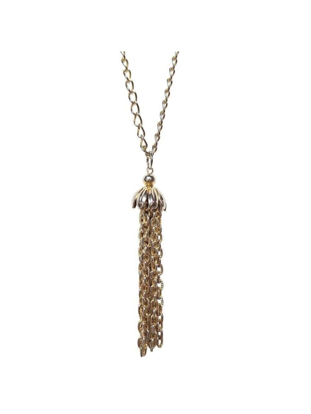 Vtg Long Tassel Necklace Gold Silver Tone Mixed Metal Chain Drop Flapper Style